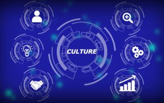 A photo with a blue background with the word culture in the middle and related symbols surrounding it. The symbols include a handshake, a lightbulb, an outline of a person, a magnifying glass, three gears, and a graph trending upwards.