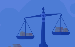 A photo of a scale with gold coins on each side and some laying off to the side. There is a blue overlay on the photo.