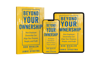 A photo of the yellow cover of the book Beyond Your Ownership on a physical copy, a phone, and a tablet.