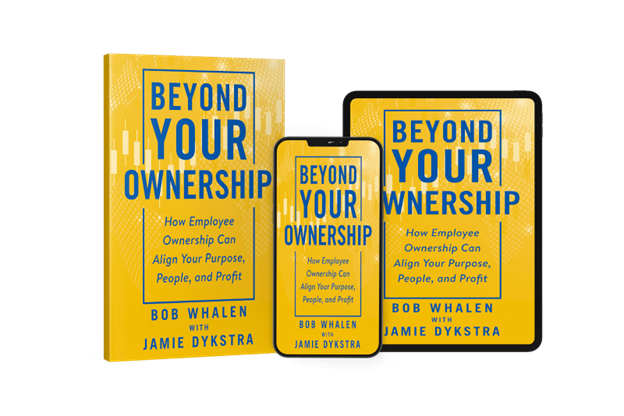 PR2 A photo of the yellow cover of the book Beyond Your Ownership on a physical copy, a phone, and a tablet.